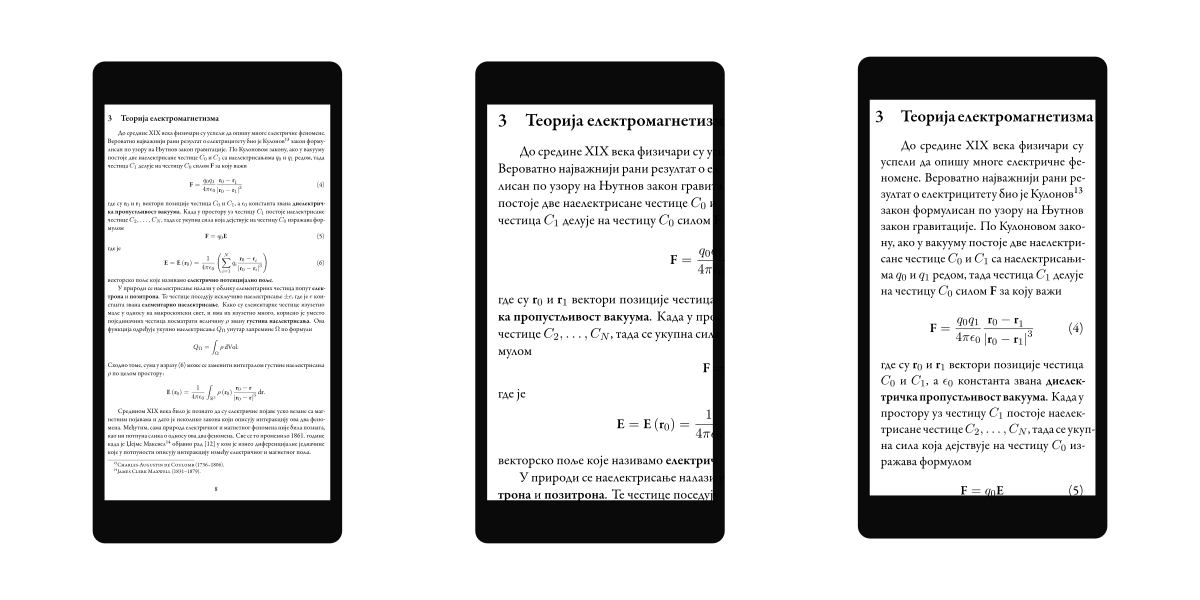 Tri pametna telefona na kojima se nalazi isti matematički tekst sa različitim prelomom.