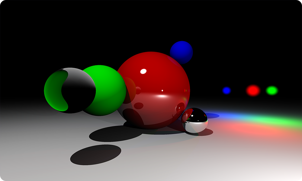 Finalni render. Na sivoj sceni se nalazi pet sfera pored kojih su tri izvora svetlosti.